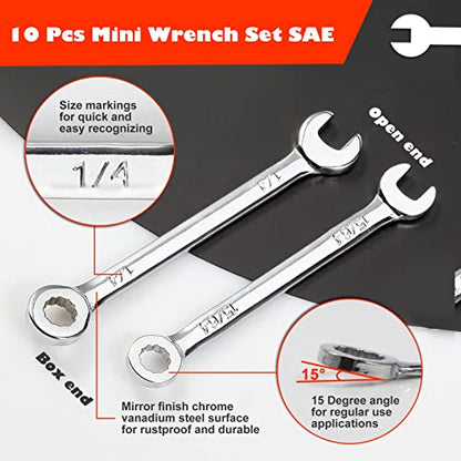 Mini Wrench Set Sae 10 Pcs 5/32" To 7/16" Standard Combination Ignition Wrench Set Small Open End and Box End Spanner with Key Ring for Automotive Technicians and Industrial Users - style: SAE