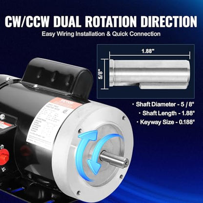 VEVOR 1HP Electric Motor 1725 RPM, AC 115V/230V, 56C Frame, Air Compressor Motor Single Phase, 5/8" Keyed Shaft, CW/CCW Rotation for Agricultural Machinery and General Equipment - size: 1 HP Single Phase-1.88 in Shaft Length