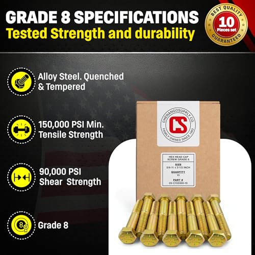 Chenango Supply 5/8-11 x 3-1/2" Grade 8 Hex Head Cap Screws - size: 5/8-11 x 3-1/2" Hex Bolt