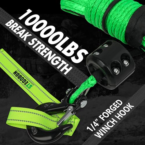 Synthetic Winch Rope, 1/4'' x 50ft 10,000LBS Synthetic Winch Line 1/4 Winch Cable Replacement Synthetic Rope with Forged Winch Hook and Rubber Stopper for 4WD Off Road Vehicle ATV UTV (Green) - color: Green, size: 1/4'' x 50'