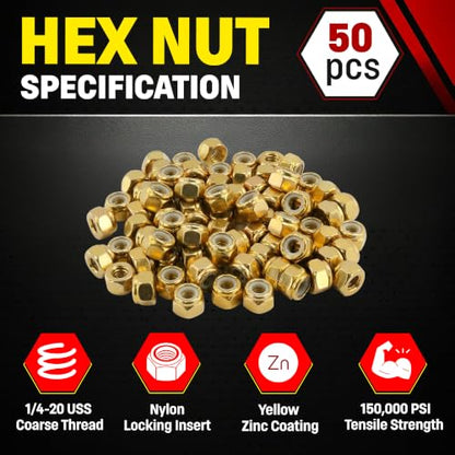 Chenango Supply 1/4-20 USS Nylon Insert Lock Nuts, Grade 8 (50 Pieces) - size: 1/4-20 Nylock 50pcs