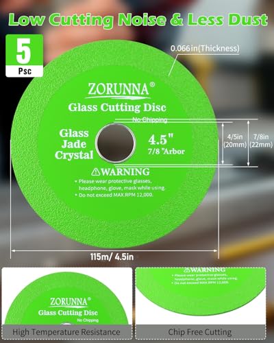 ZORUNNA 5Pcs 4.5" Glass Cutting Disc, Diamond Blade for Angle Grinder - size: 4.5"