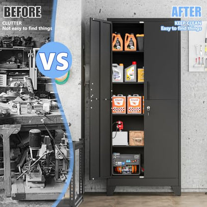 70.86" Metal Garage Storage Cabinet, Lockable Tall Tool Cabinet, Black - color: Black, size: 13.78"D x 25.98"W x 70.86"H