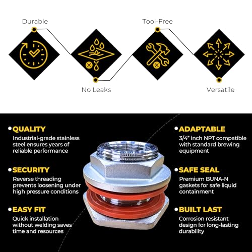 MiniBrew 3/4” NPT EZ Seal Weldless Bulkhead with Buna-N Gaskets for Homebrewing - size: 3/4"- BUNA N, style: Pack of 1