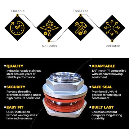 MiniBrew 3/4” NPT EZ Seal Weldless Bulkhead with Buna-N Gaskets for Homebrewing - size: 3/4"- BUNA N, style: Pack of 1