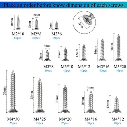 525Pcs M2 M3 M4 Phillips Flat Head Self Tapping Wood Screws, 304 Stainless Steel 13 Sizes Cross Countersunk Sheet Metal Screws Assortment for Wood, Plastic and Soft Metal. Coarse Threaded, Sharp Point