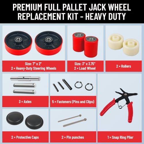 Complete Pallet Jack Wheels Replacement Kit, Red Polyurethane - color: Red