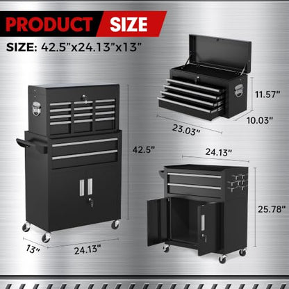 INTERGREAT 8-Drawers Rolling Tool Chest, Assembled Tool Chest with Wheels, Detachable Top Tool Box, Tool Cabinet for Repair Room,Warehouse, Rolling Tool Box with Hooks,Tray Divider,Liners(Black) - color: Black, size: 8 Drawers
