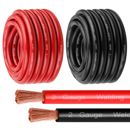 MOOKEERF 2 Gauge Battery Cable - 25FT Red + 25FT Black 2 AWG Welding Cable Flexible Stranded Oxygen-Free Pure Copper Wire for Automotive, Battery, Inverter, Solar, Marine and Generator - color: 25ft Black + 25ft Red, size: 2AWG