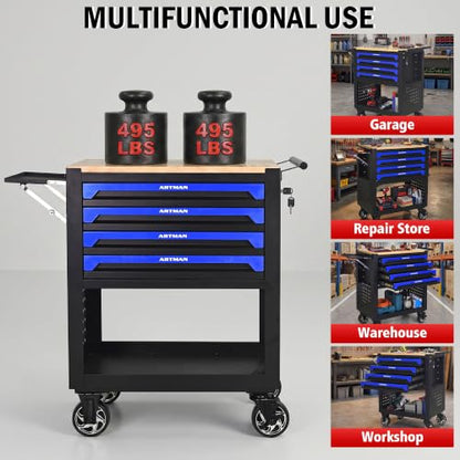 4 Drawers Rolling Tool Cart on Wheels, Wood Countertop Heavy Duty Tool Chest with Adjustable Shelf, Locking System, Rolling Tool Cabinet Trolley for Garage,Warehouses,Repair Shops (Blue) - color: Blue
