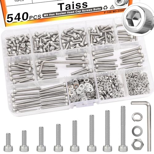 Taiss 540PCS M3 Screw Kit,8 Sizes M3 x 6mm/8mm/10mm/12mm/16mm/20mm/25mm/30mm 304 Stainless Steel Hex Socket Head Cap Screws Bolts Washers Nuts Kit,Small Metric Screws - color: SS 540PCS M3 Kit