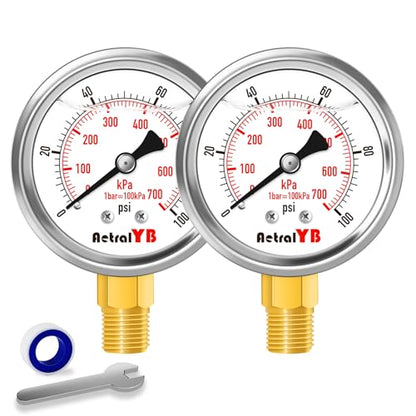 2 Inch Dial Pressure Gauge, 100Psi, Bottom Mount, 2 Pack