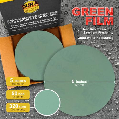 Dura-Gold 5" Green Film Sanding Discs, 320 Grit, Box of 50, Hook & Loop - size: 320-Grit