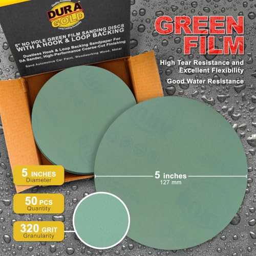Dura-Gold 5" Green Film Sanding Discs, 320 Grit, Box of 50, Hook & Loop - size: 320-Grit