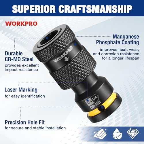 WORKPRO 1/4" Square Drive to 1/4" Hex Quick Release Socket Adapter, CR-MO - size: 1/4 inch