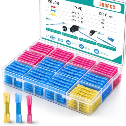 300PCS Heat Shrink Butt Wire Connectors, 22-10 AWG Insulated Waterproof Wire Electrical Connector kit，Wire Crimp Terminals Butt Splices for Marine Automotive Boat Truck Repair