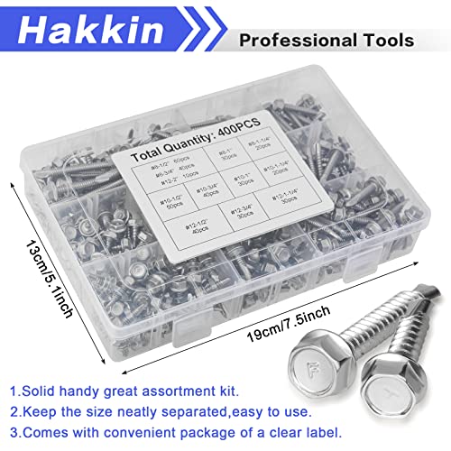#8#10#12 Hex Washer Head Self Drilling Tek Screw Assortment Kit, 400PCS Stainless Steel Self Tapping Screws for Metal, Hakkin Sheet Metal Tek Screws with Rubber Washer, Length 1/2" to 2" - size: A #8#10#12 Hex Washer Head Silver (400pcs)
