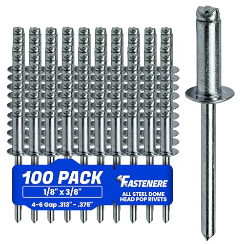 Fastenere Pop Rivets - 1/8" x 3/8" (100 pcs) Heavy Duty, Open-End, Low Carbon Steel, Dome-Head Blind Rivets, Corrosion-Resistant & High Shear Strength, 4-6 Gap 0.313"-0.375" - size: 1/8" x 3/8" (4-6) (100 Pack)
