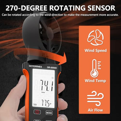 Air Flow & Wind Speed Meter, Handheld CFM Anemometer with Waterproof Touch Button, CFM Meter Gauge Air Velocity Measuring Device for HVAC Outdoor [Rechargeable]