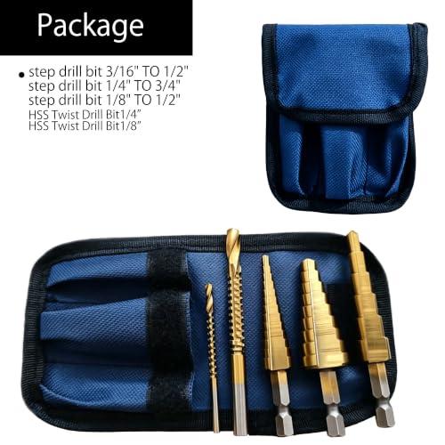 Titanium Coated Step Drill Bit and HSS Twist Drill Bit Set 5pcs,Multi Size （1/8" to 3/4"） for Wood，Sheet Metal，Aluminum and Plastic Hole Drilling Cutting,with Portable Bag for DIY Lovers