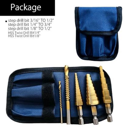 Titanium Coated Step Drill Bit and HSS Twist Drill Bit Set 5pcs,Multi Size （1/8" to 3/4"） for Wood，Sheet Metal，Aluminum and Plastic Hole Drilling Cutting,with Portable Bag for DIY Lovers