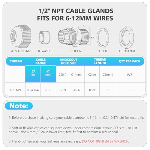 10PCS 1/2 inch NPT Cable Gland Waterproof IP68, Fits 6-12mm Cable
