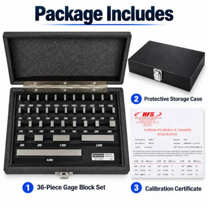 HFS 36 PC Gauge Block Set Economy Grade Calibration NIST-Traceable - size: 36PCS