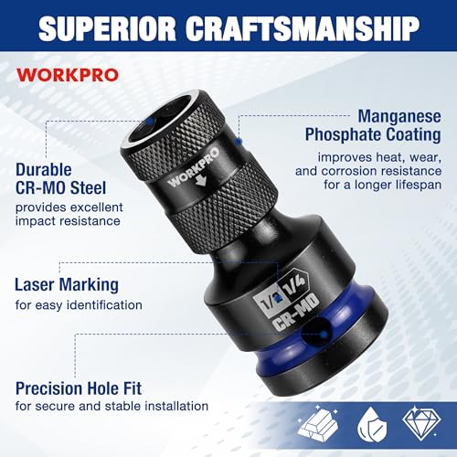 WORKPRO 1/2" Square Drive to 1/4" Hex Quick Release Socket Adapter, CR-MO - size: 1/2 inch