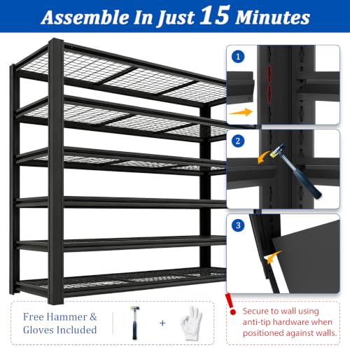 6 Tier Heavy Duty Metal Garage Storage Shelving, 62" W x 24" D x 84" H Adjustable Steel Storage Rack with 6000 LBS Total Load Capacity, Multipurpose Industrial Shelves for Warehouse Basement - size: 6T-62" W x 24" D x 84" H