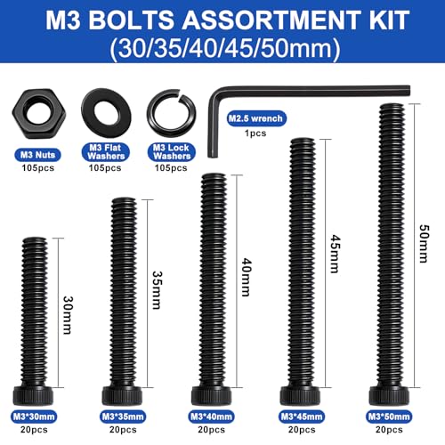 Taiss 420PCS M3 Screw Kit M3 x 30/35/40/45/50mm,Black Hex Socket Head Cap Metric Screws,Bolts and Nuts Washers Assortment Kit,12.9 Grade Alloy Steel Bolts for 3D Printer - color: BK 420PCS M3 Kit