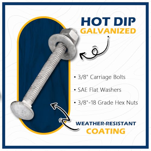 3/8" x 3" Hot Dip Galvanized Grade 307A Carriage Bolt Kit, 50 Pack, Comes with 3/8" USS Flat Washers & 3/8"-16 Hex Nuts, Heavy Duty Exterior Construction Use - size: 3/8"x3"