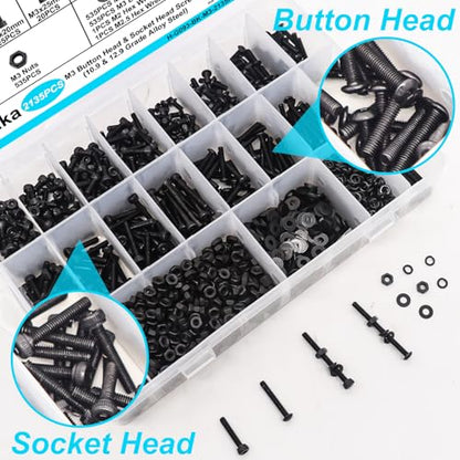 2135PCS M3 Screws Kit, M3x5/6/8/10/12/16/20/25/30/35mm Button Head and Socket Head Screws Bolts Nuts Washers Kit, 10.9 & 12.9 Grade Alloy Steel, Metric Bolts for 3D Printing - color: BK-M3 x 5-35mm