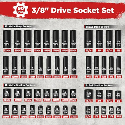 3/8" Drive Impact Socket Set, 90 Piece Metric Socket (6-22mm) and Standard SAE Size (5/16-15/16 inch) 6 Point, with 72-Teeth Ratchet Wrench, Mechanics Tool Kit for Automotive Repair - color: 3/8-90pcs
