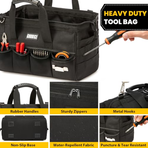 15"Heavy-Duty Tool Bag,23-Pocket Wide Mouth Tool Tote with Adjustable Strap - color: Black