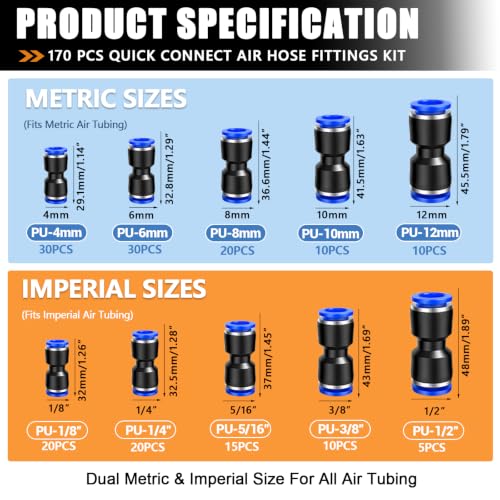 mankk 170PCS Push to Connect Fittings Metric & Imperial Air Hose Connectors - style: 170PCS-1/8" 1/4" 5/16" 3/8" 1/2"& 4/6/8/10/12mm OD Kits