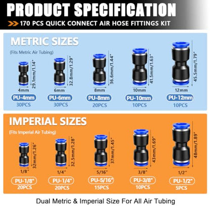 mankk 170PCS Push to Connect Fittings Metric & Imperial Air Hose Connectors - style: 170PCS-1/8" 1/4" 5/16" 3/8" 1/2"& 4/6/8/10/12mm OD Kits
