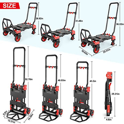 Folding Hand Truck Dolly,330lb Cart+1 Folding Basket,4 to2 Wheel Moving Red - size: 330LB Red