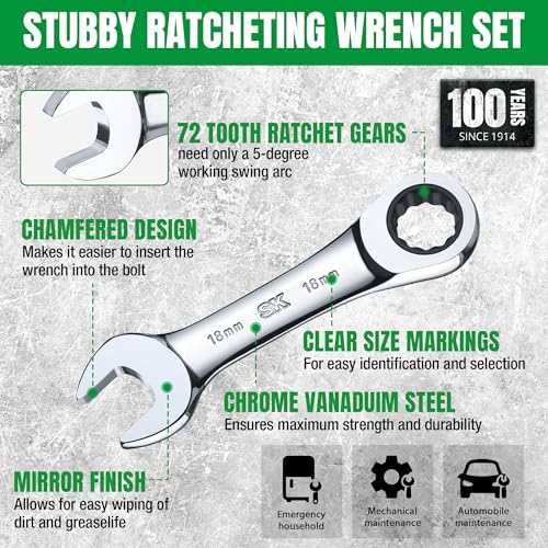 SK Stubby Ratcheting Wrench Set, Combination Wrench Set, 7-Piece, Metric, 72-Tooth, CR-V Steel, with Rolling Pouch - size: Metric