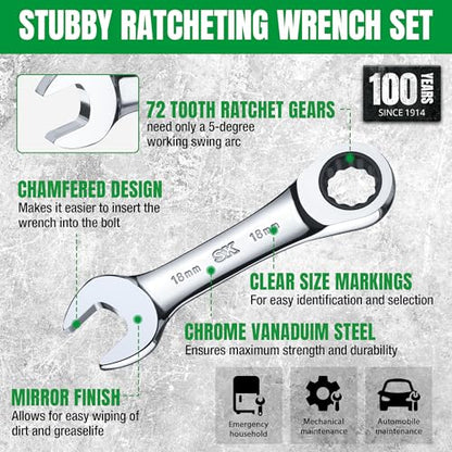 SK Stubby Wrenches Set, Ratchet Wrenches Set, 14-Piece, SAE & Metric - size: Metric & SAE