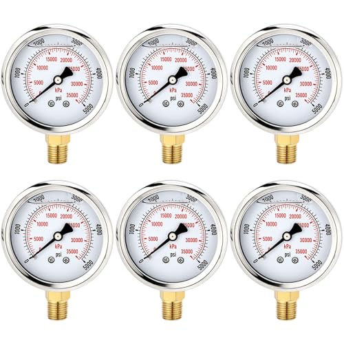 0-5000 Psi 6 Pcs Glycerin Liquid Filled Oil Pressure Gauge, White - color: White, style: 0-5000 Psi