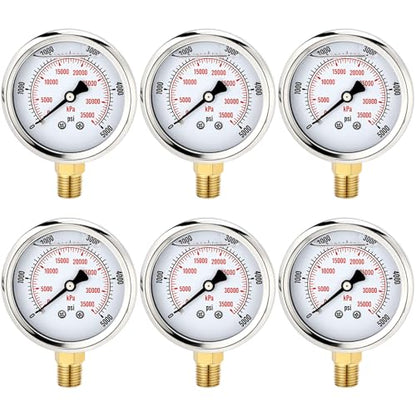 0-5000 Psi 6 Pcs Glycerin Liquid Filled Oil Pressure Gauge, White - color: White, style: 0-5000 Psi