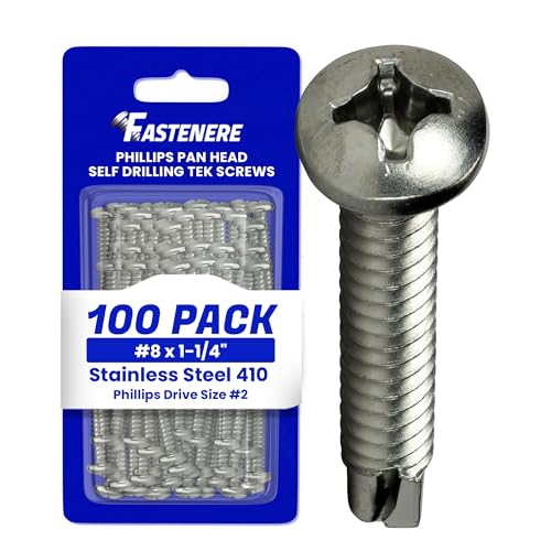 Fastenere Pan Head Self Drilling Tek Screws -#8 x 1-1/4" (100 Pack) Stainless Steel 410, Full Thread, Bright Plain Finish, Corrosion-Resistant, Self-Drilling, Easy to Install w/Phillips Drive Size #2 - size: #8 x 1-1/4" (100 Pack)