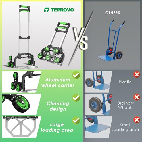 Teprovo Stair Climbing Hand Truck, Foldable Aluminum Lightweight Dolly Cart, 6-Wheel Stairs Climber Dolly 43.3” Handle, 176 lb Flat /110 lb Stair Load,Home & Warehouse No Assembly - color: Green