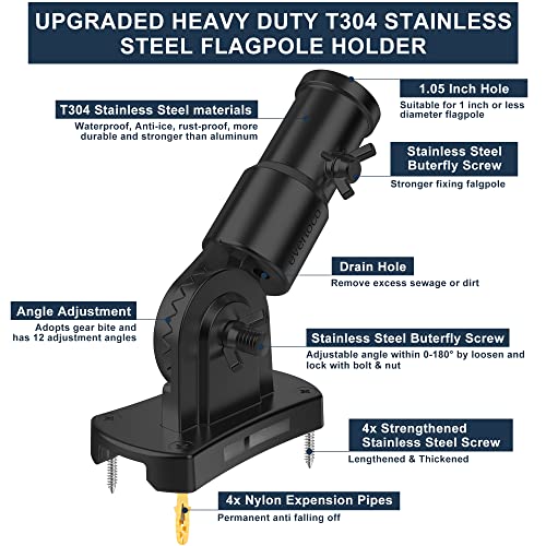 Heavy Duty 180° Adjustable Stainless Steel Flag Pole Bracket Mount - color: Black