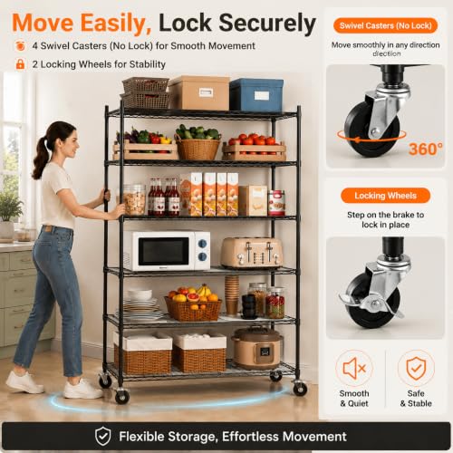 Meet perfect 6-Tier Rolling Shelving Unit with PP Board Shelves - color: Black, size: 6-Tier, 82"H x 45"W x 18"D,PP Shim