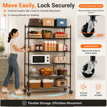 Meet perfect 6-Tier Rolling Shelving Unit with PP Board Shelves - color: Black, size: 6-Tier, 82"H x 45"W x 18"D,PP Shim