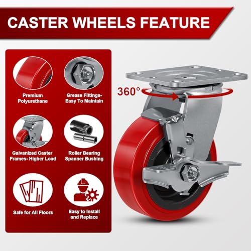 5"x 2" Heavy Duty Industrial Casters, Polyurethane on Polyolefin Core Wheel- Capacity up to 4000 Lbs (Set of 4), Use for Platform Truck, Industrial Equipment (2 Brake & 2 Rigid) - style: Size: 5 "