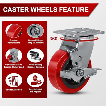 5"x 2" Heavy Duty Industrial Casters, Polyurethane on Polyolefin Core Wheel- Capacity up to 4000 Lbs (Set of 4), Use for Platform Truck, Industrial Equipment (2 Brake & 2 Rigid) - style: Size: 5 "