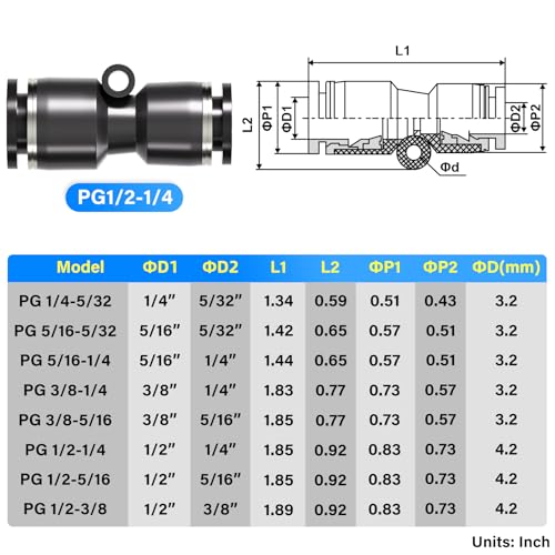TAILONZ 1/2" x 1/4" Reducer Push-to-Connect Fitting PG1/2-1/4 10Pcs - size: 1/2"OD x 1/4"OD