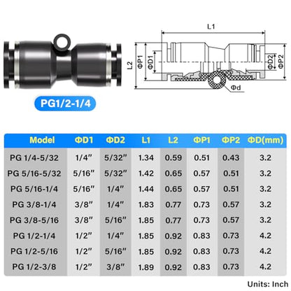 TAILONZ 1/2" x 1/4" Reducer Push-to-Connect Fitting PG1/2-1/4 10Pcs - size: 1/2"OD x 1/4"OD